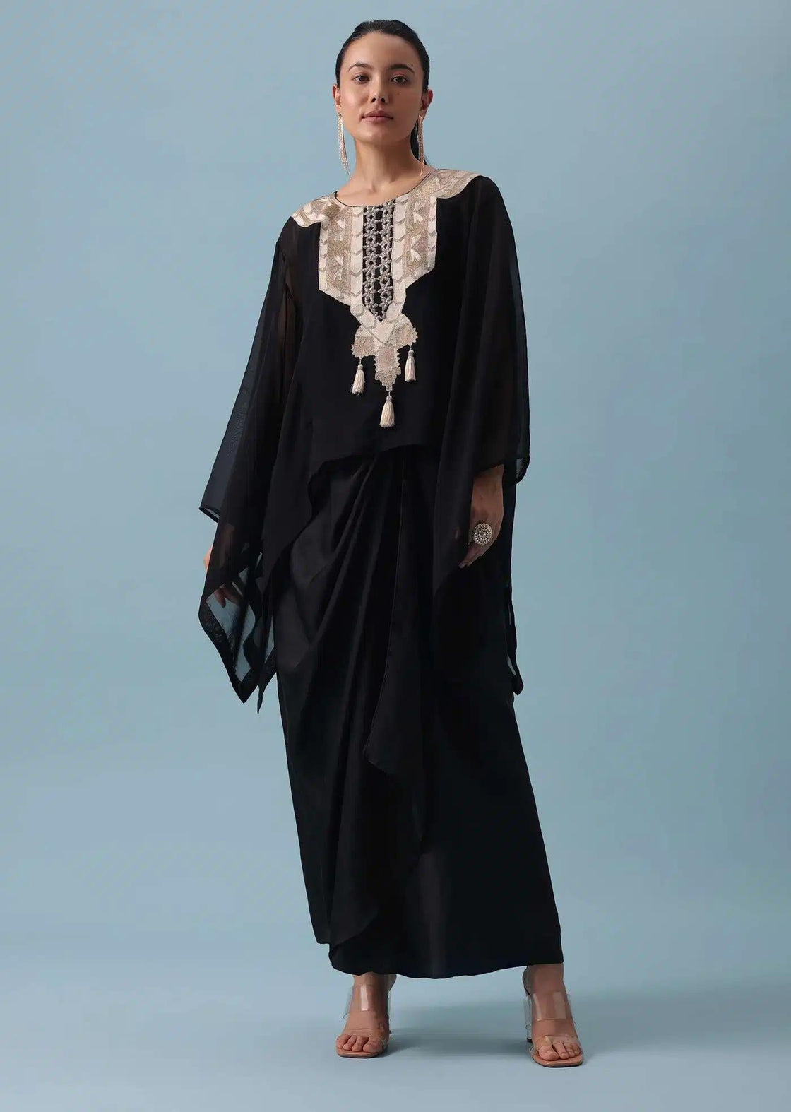 Dhoti Style Set In Black With Zari Embroidered Organza Top