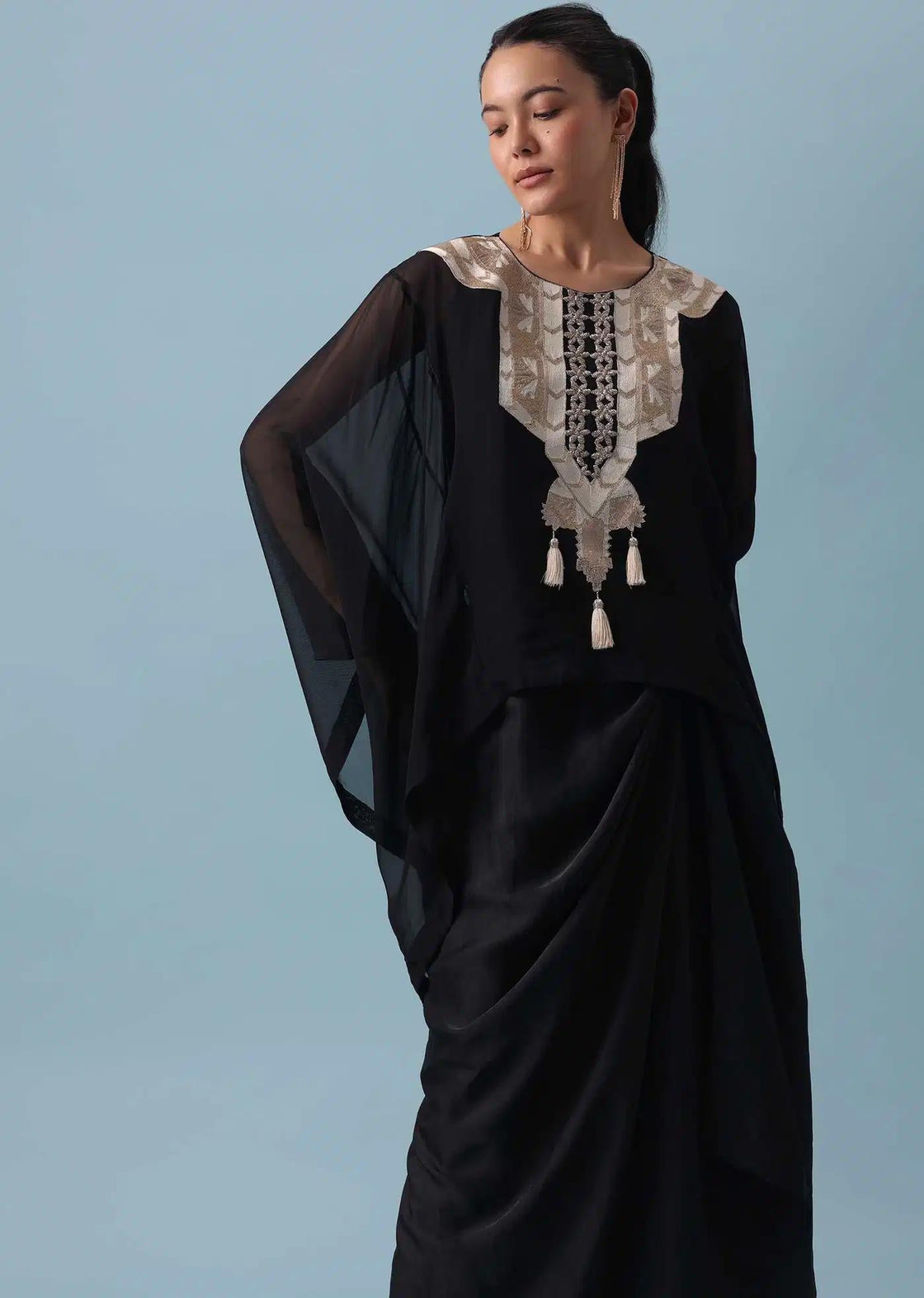 Dhoti Style Set In Black With Zari Embroidered Organza Top