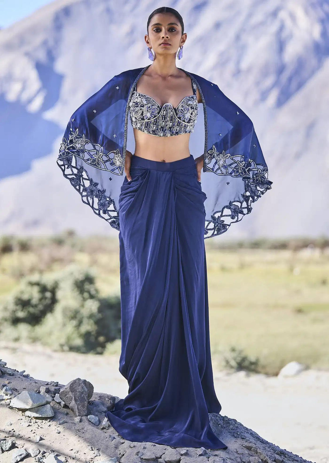 Draped Crepe Skirt Set In Blue With Cape And Blouse
