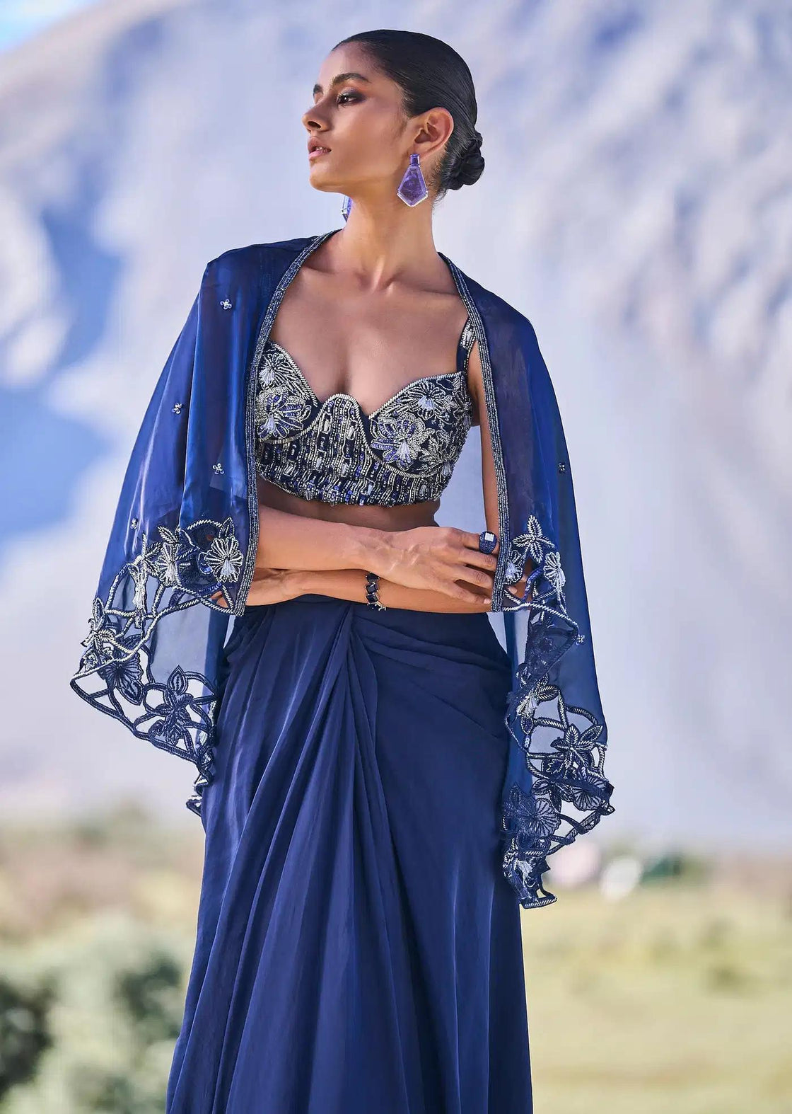 Draped Crepe Skirt Set In Blue With Cape And Blouse