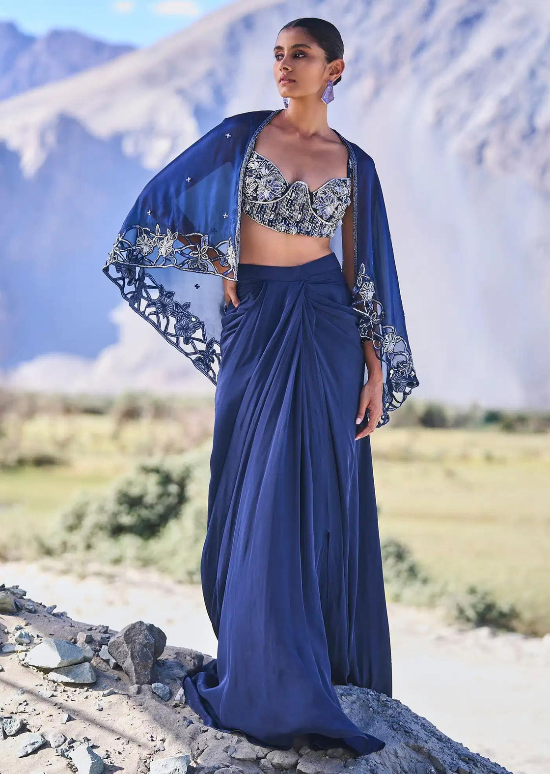 Draped Crepe Skirt Set In Blue With Cape And Blouse