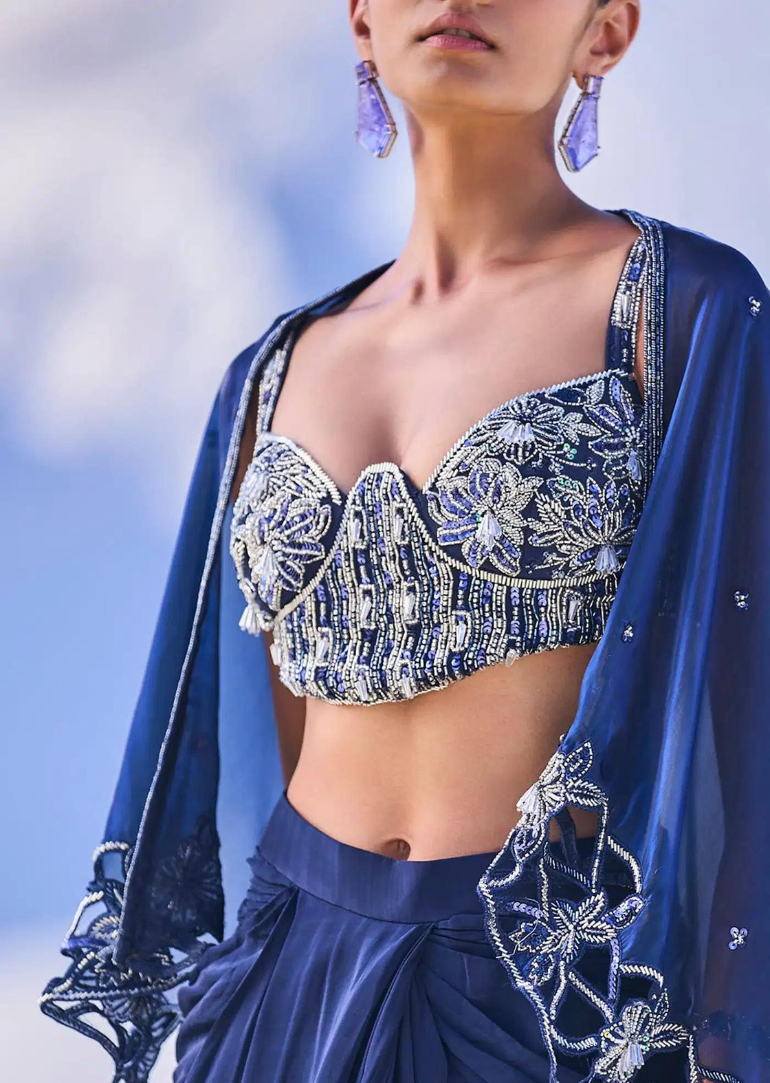 Draped Crepe Skirt Set In Blue With Cape And Blouse