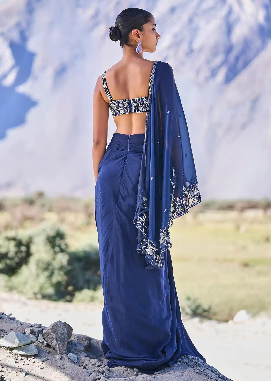 Draped Crepe Skirt Set In Blue With Cape And Blouse