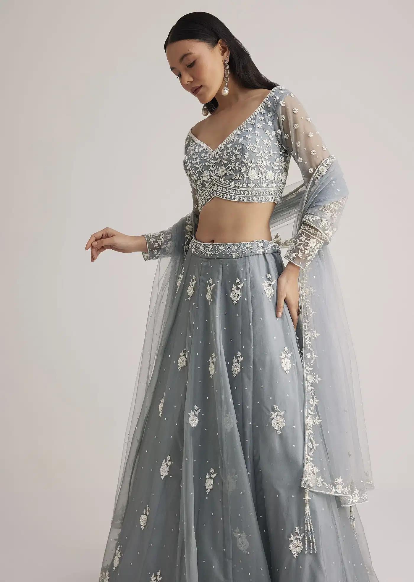 Dusty Blue Handcrafted Lehenga Skirt Ensemble Featuring Sheer Drape