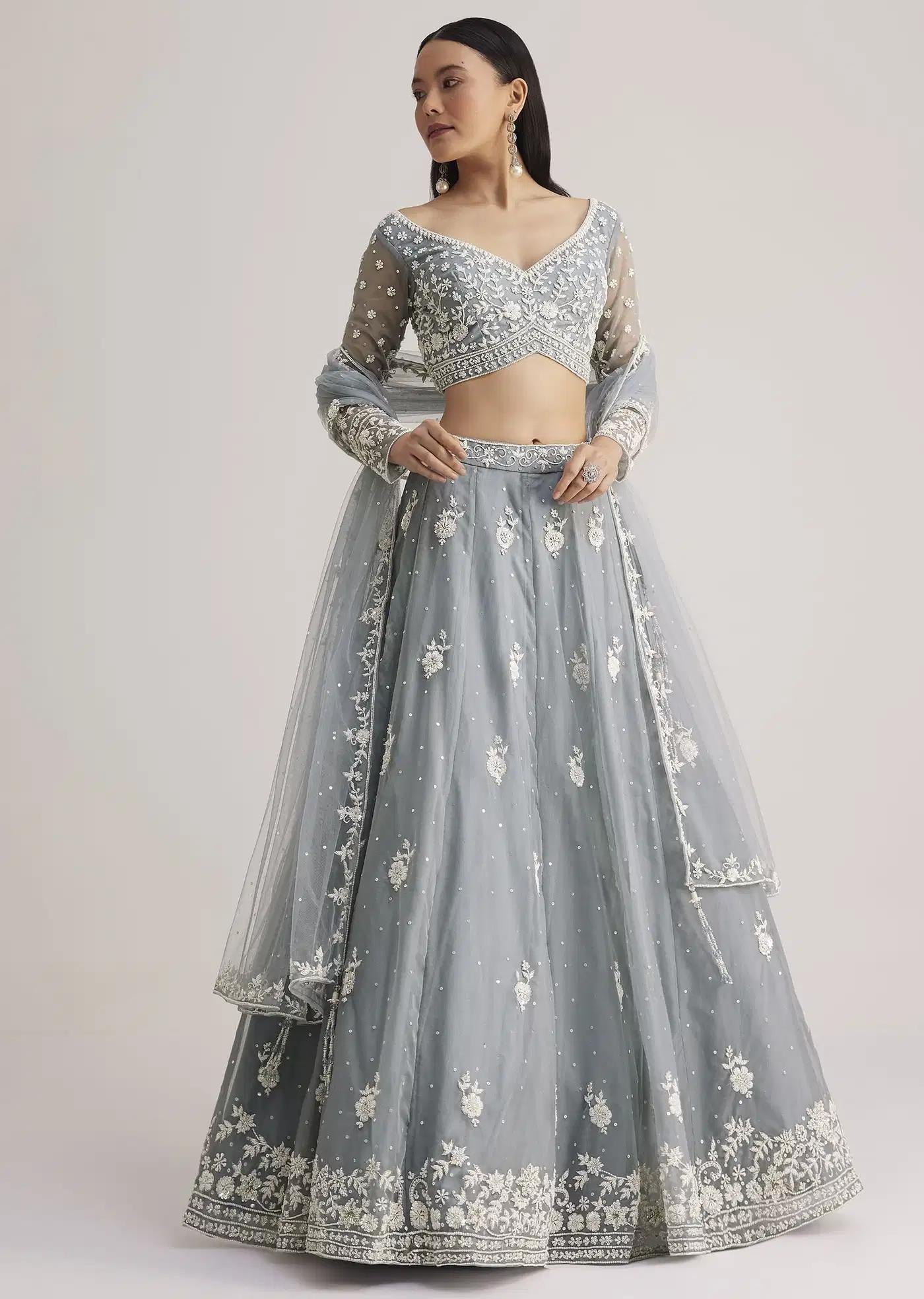 Dusty Blue Handcrafted Lehenga Skirt Ensemble Featuring Sheer Drape