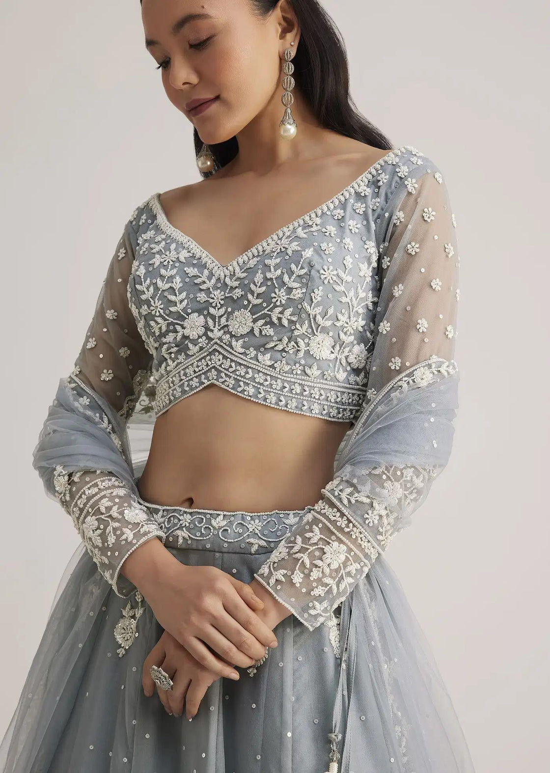 Dusty Blue Handcrafted Lehenga Skirt Ensemble Featuring Sheer Drape