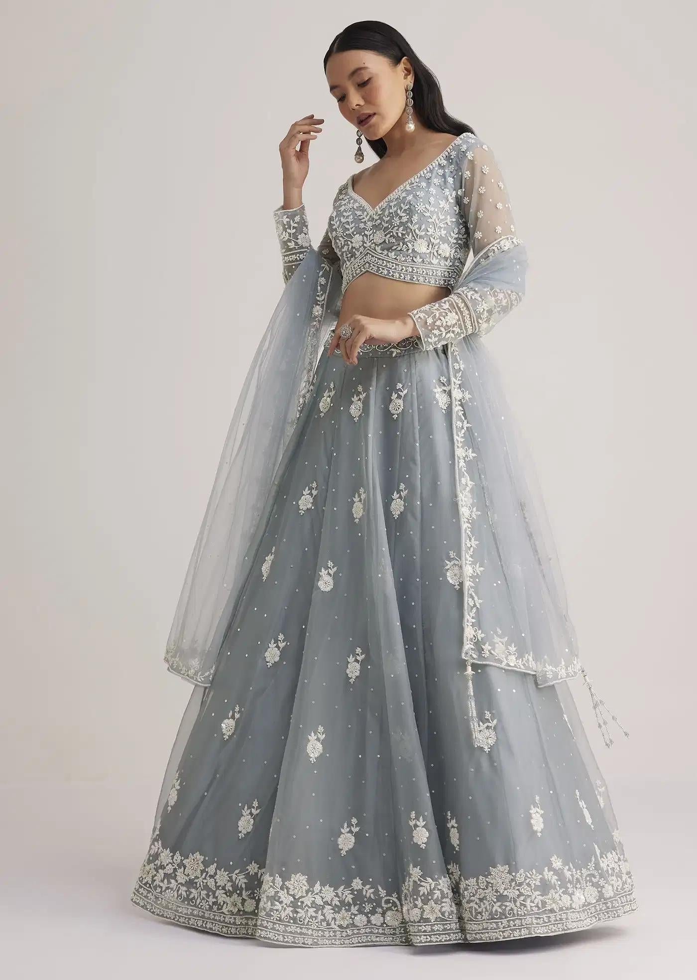 Dusty Blue Handcrafted Lehenga Skirt Ensemble Featuring Sheer Drape
