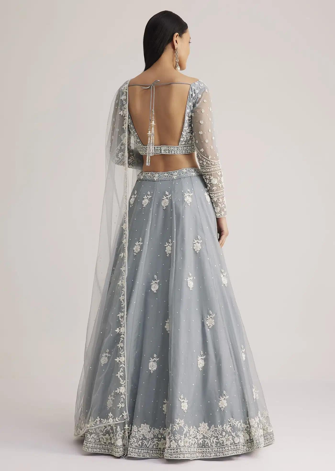 Dusty Blue Handcrafted Lehenga Skirt Ensemble Featuring Sheer Drape