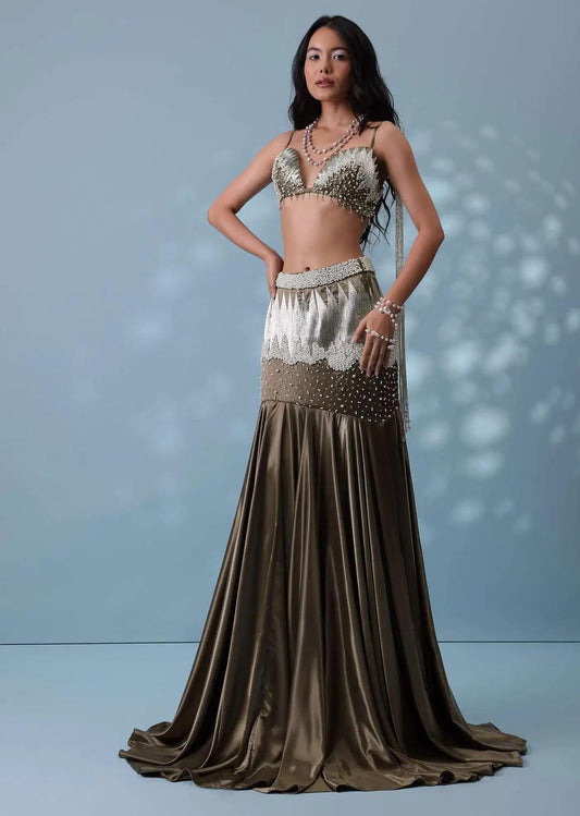 Dusty Brown Handcrafted Trail Lehenga Skirt Ensemble In Milano Satin Featuring Tassel Blouse