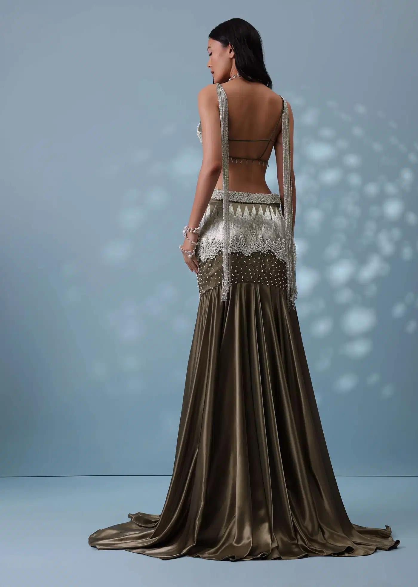 Dusty Brown Handcrafted Trail Lehenga Skirt Ensemble In Milano Satin Featuring Tassel Blouse