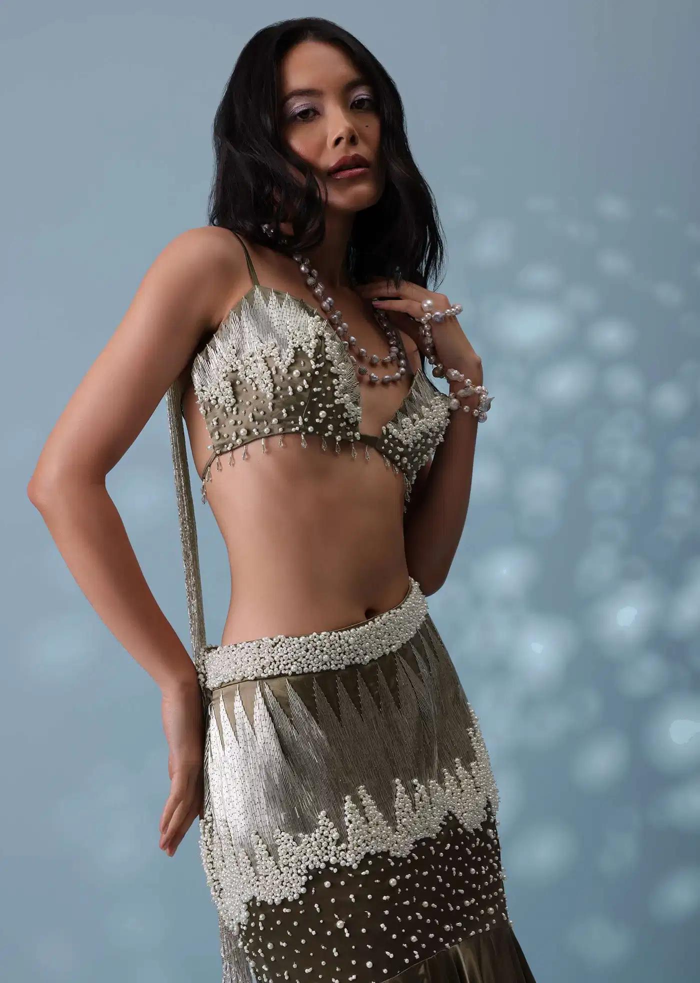 Dusty Brown Handcrafted Trail Lehenga Skirt Ensemble In Milano Satin Featuring Tassel Blouse