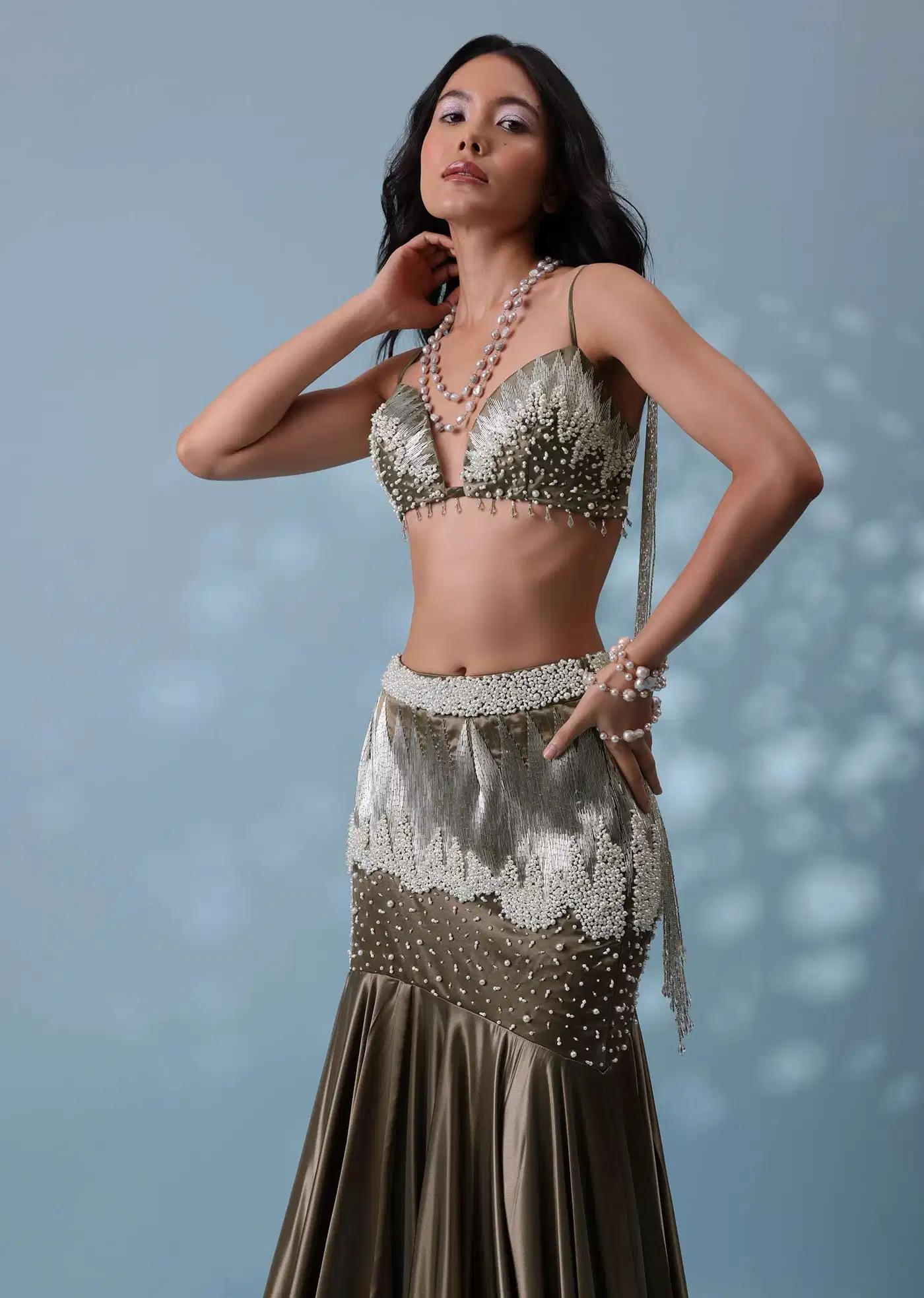 Dusty Brown Handcrafted Trail Lehenga Skirt Ensemble In Milano Satin Featuring Tassel Blouse