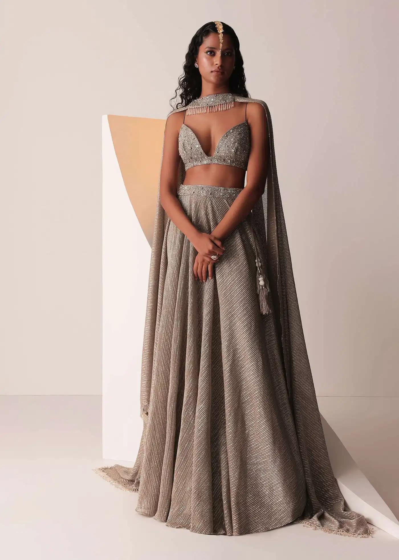 Dusty Copper Gold Handcrafted Lehenga Skirt Ensemble In Knit Strechable Sequins Fabric