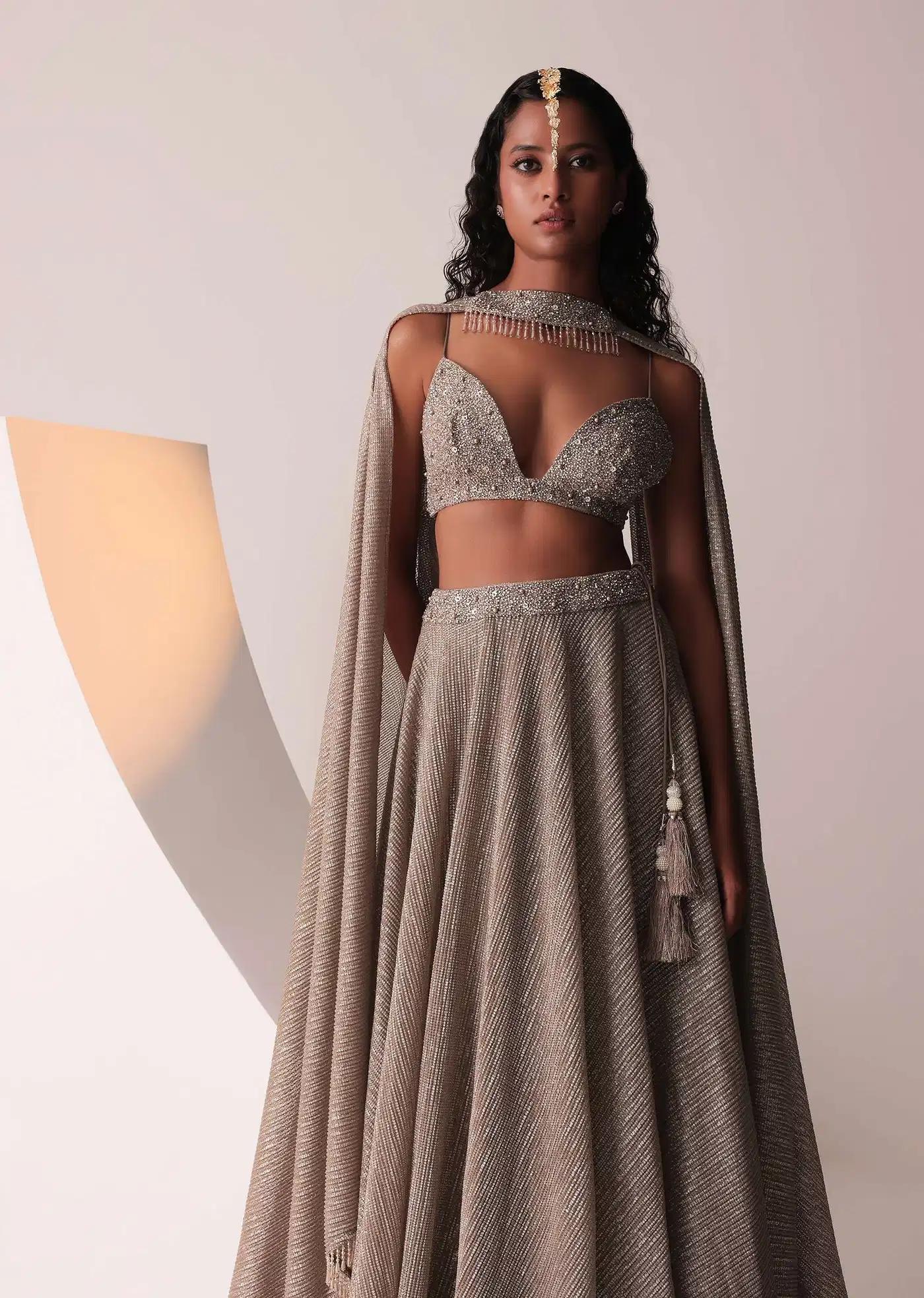 Dusty Copper Gold Handcrafted Lehenga Skirt Ensemble In Knit Strechable Sequins Fabric