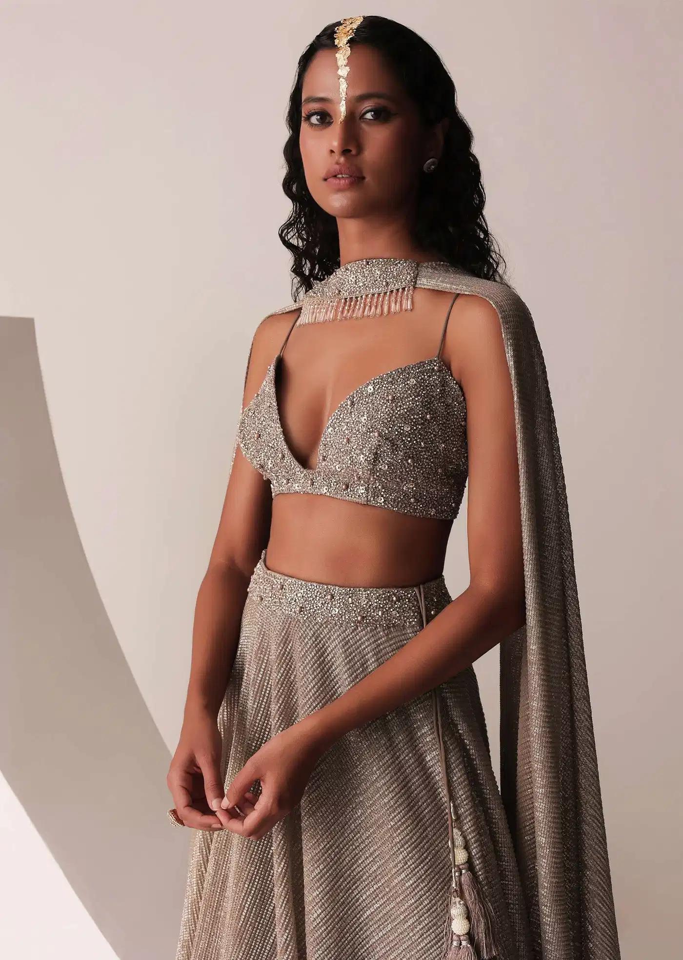Dusty Copper Gold Handcrafted Lehenga Skirt Ensemble In Knit Strechable Sequins Fabric