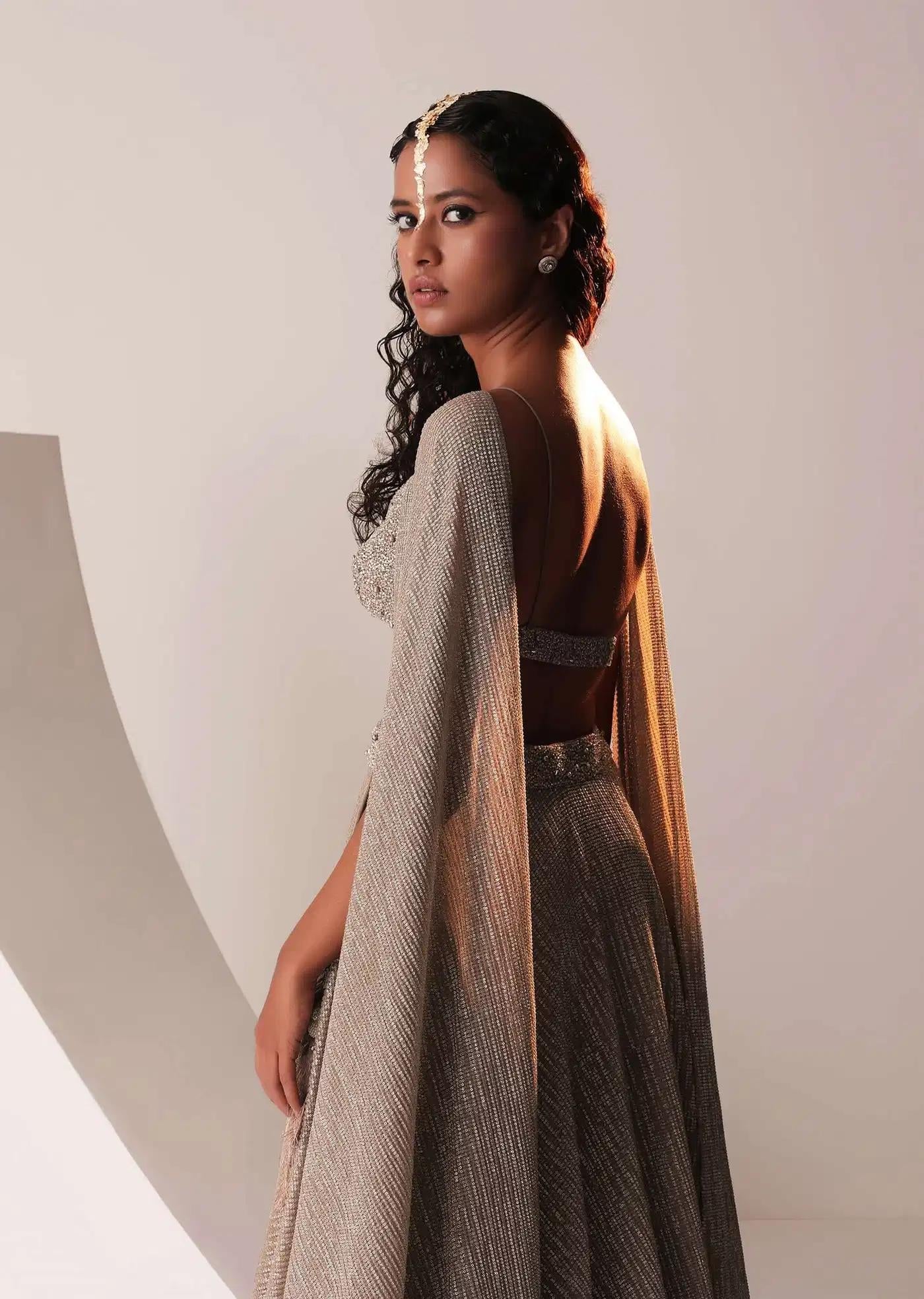 Dusty Copper Gold Handcrafted Lehenga Skirt Ensemble In Knit Strechable Sequins Fabric