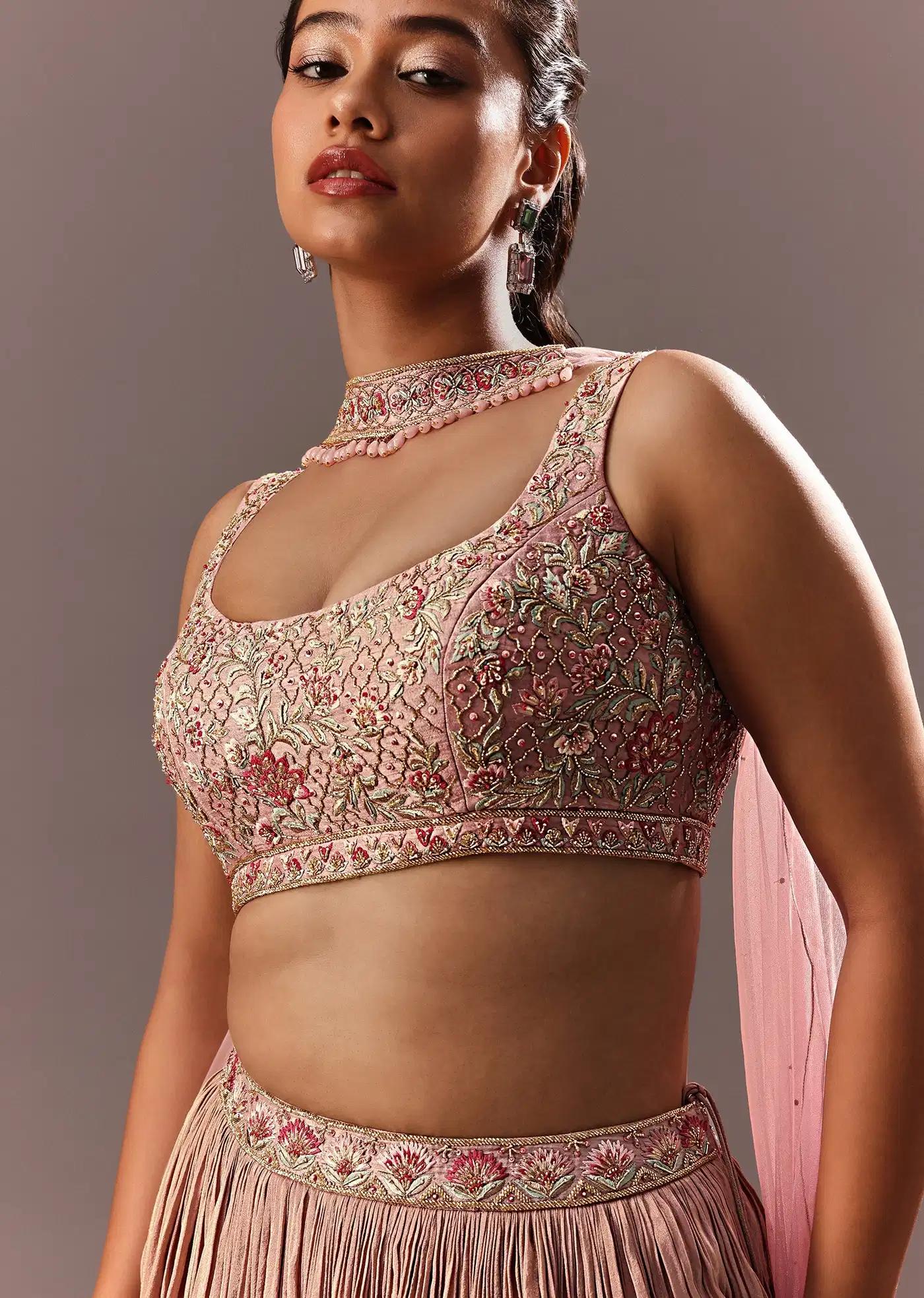 Dusty Pink Ruching Lehenga Skirt Featuring Handcrafted Blouse Choker Drape