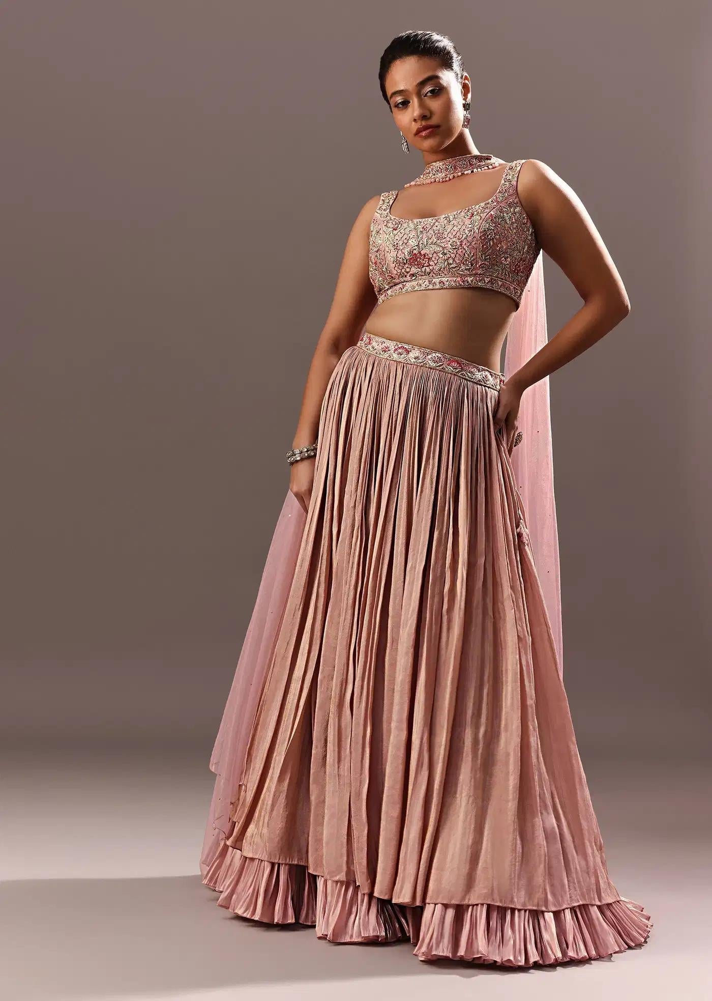 Dusty Pink Ruching Lehenga Skirt Featuring Handcrafted Blouse Choker Drape