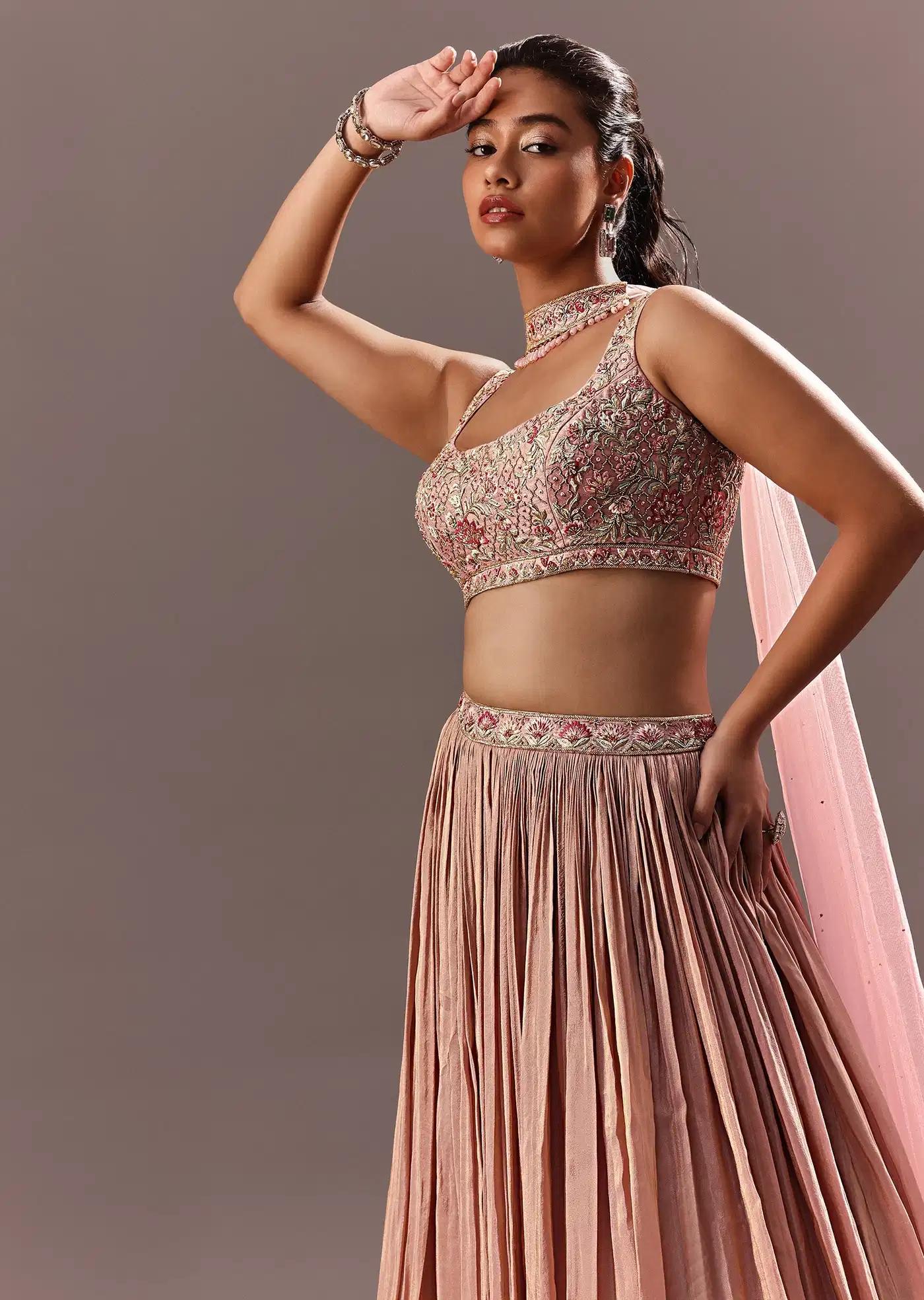 Dusty Pink Ruching Lehenga Skirt Featuring Handcrafted Blouse Choker Drape