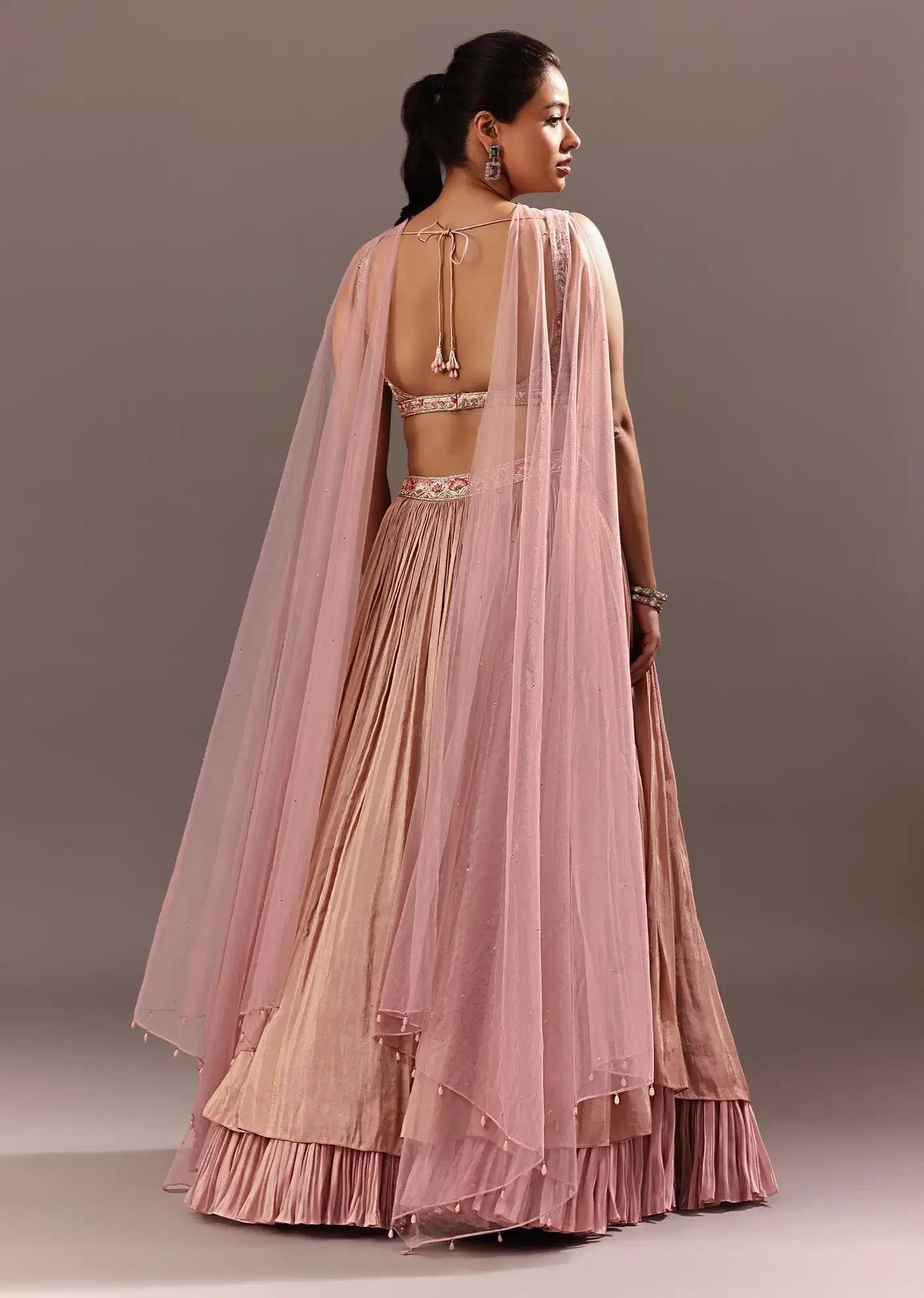 Dusty Pink Ruching Lehenga Skirt Featuring Handcrafted Blouse Choker Drape