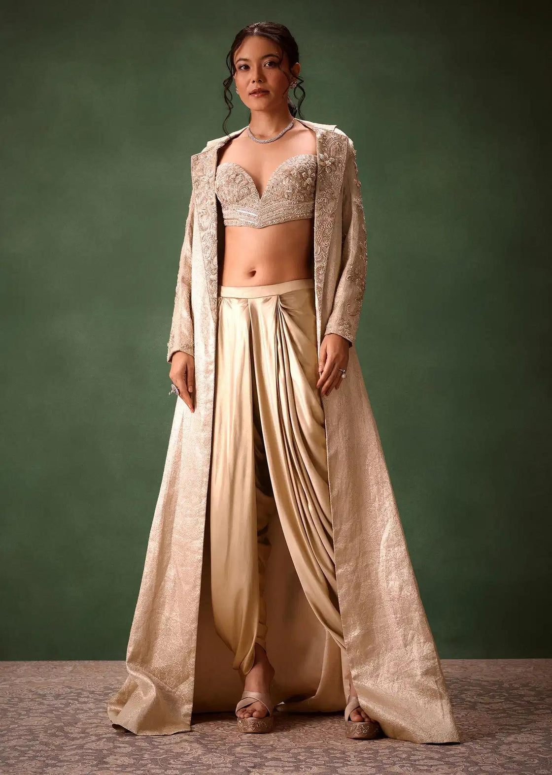 Embroidered Brocade Corset Set In Beige With Blazer And Dhoti