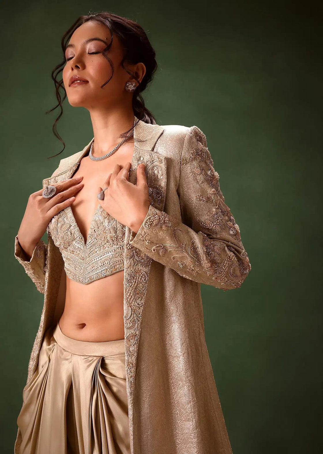Embroidered Brocade Corset Set In Beige With Blazer And Dhoti