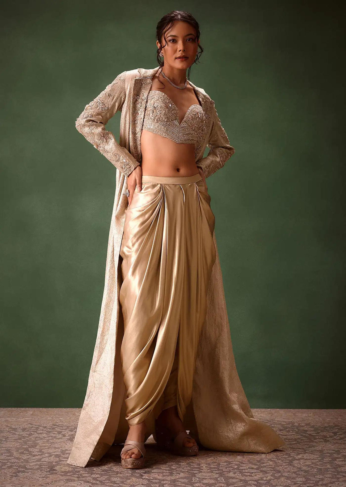 Embroidered Brocade Corset Set In Beige With Blazer And Dhoti