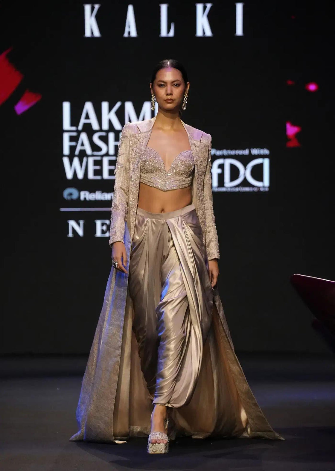 Embroidered Brocade Corset Set In Beige With Blazer And Dhoti