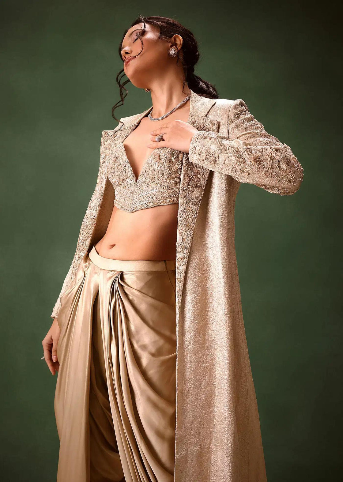 Embroidered Brocade Corset Set In Beige With Blazer And Dhoti