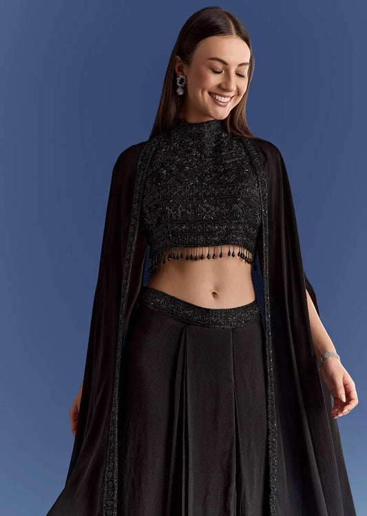 Embroidered Chinon Cape Set In Black With Skirt And Croptop