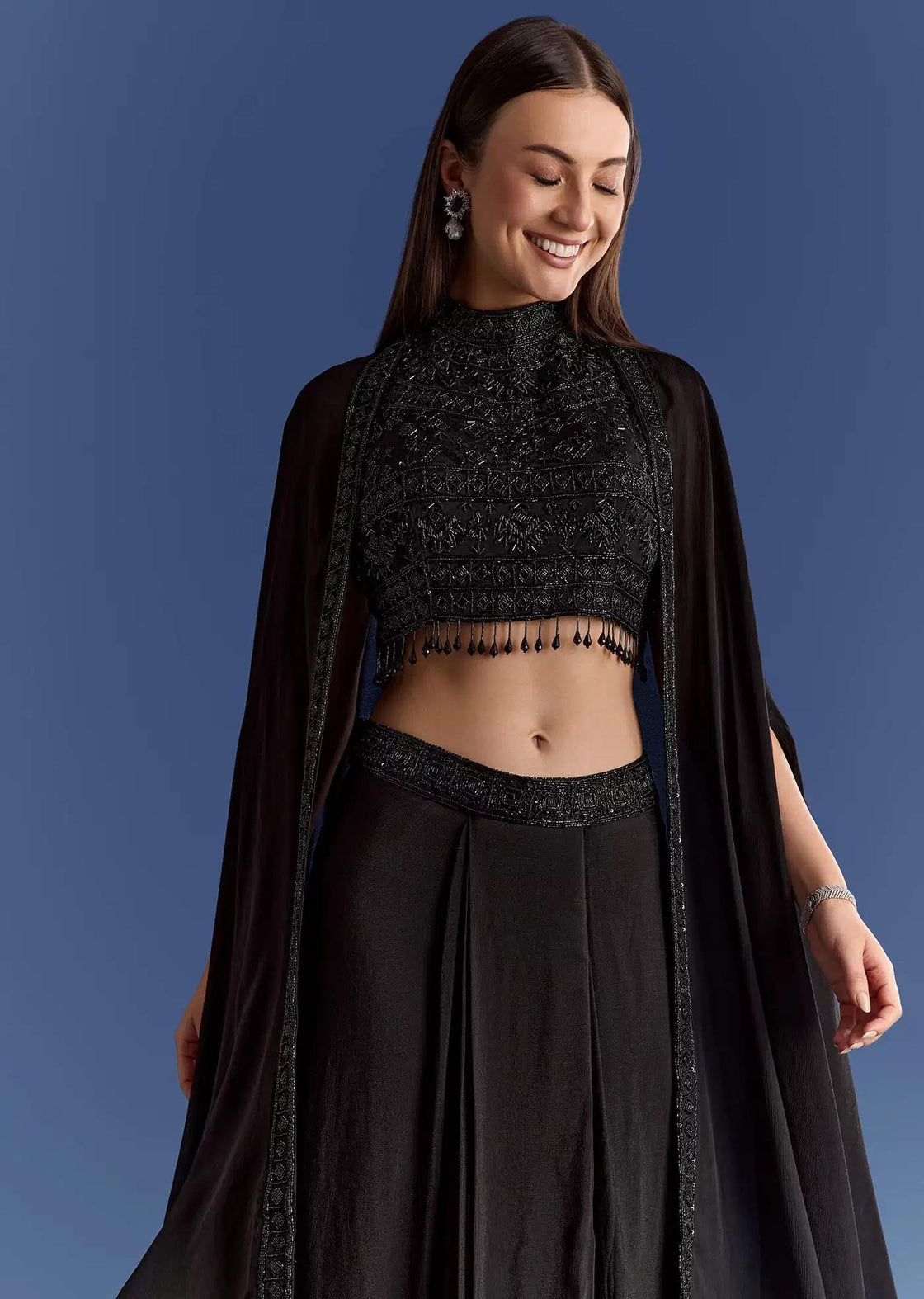 Embroidered Chinon Cape Set In Black With Skirt And Croptop
