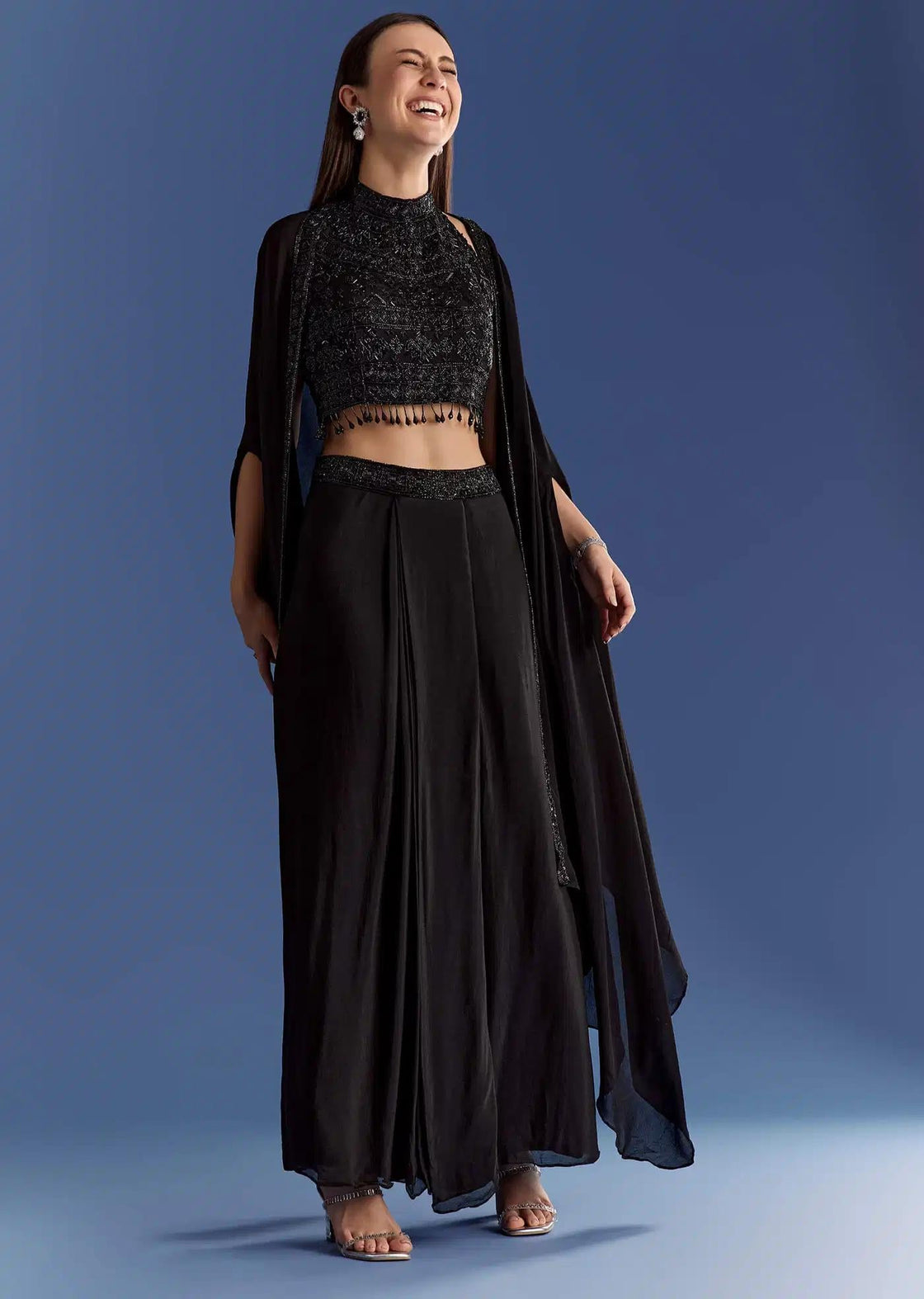 Embroidered Chinon Cape Set In Black With Skirt And Croptop