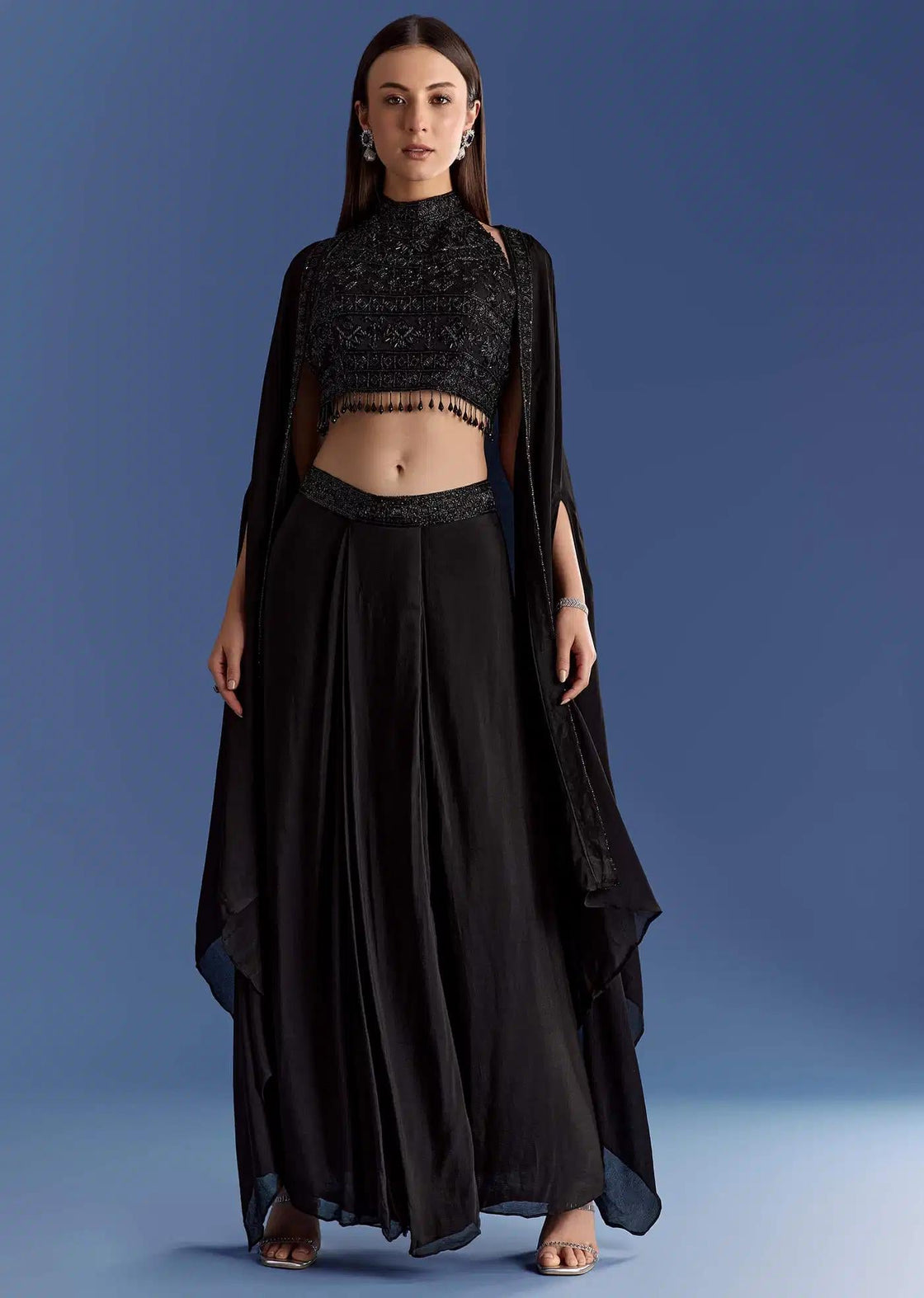 Embroidered Chinon Cape Set In Black With Skirt And Croptop