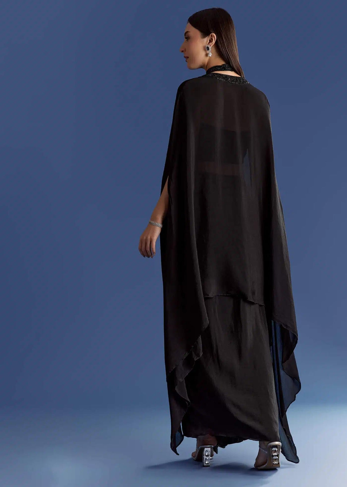 Embroidered Chinon Cape Set In Black With Skirt And Croptop