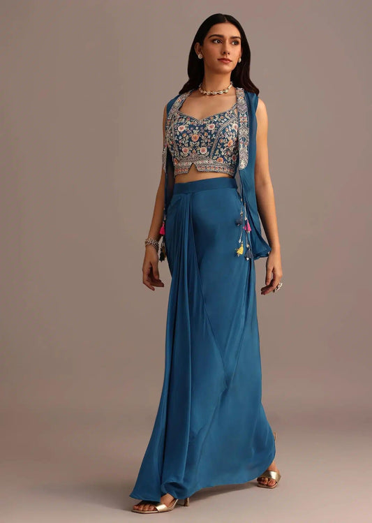 Embroidered Croptop With Drape Skirt And Sheer Jacket In Blue