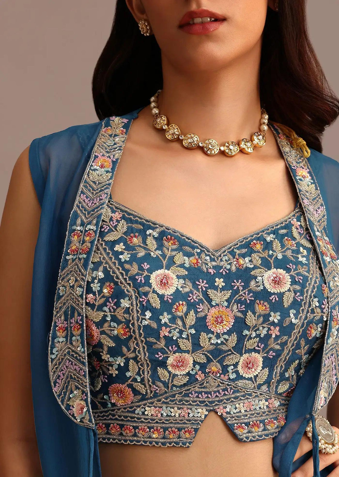 Embroidered Croptop With Drape Skirt And Sheer Jacket In Blue