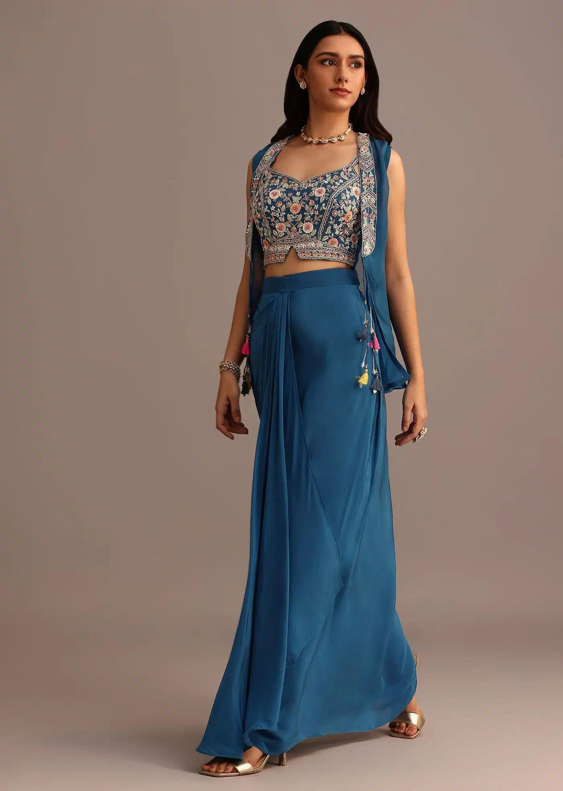 Embroidered Croptop With Drape Skirt And Sheer Jacket In Blue