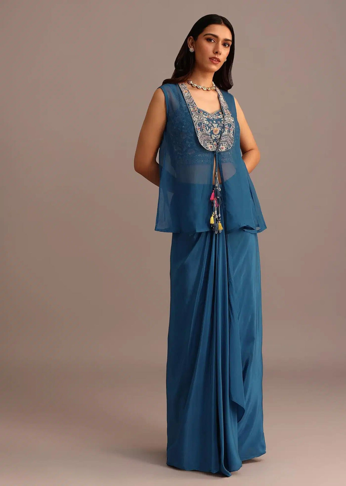 Embroidered Croptop With Drape Skirt And Sheer Jacket In Blue