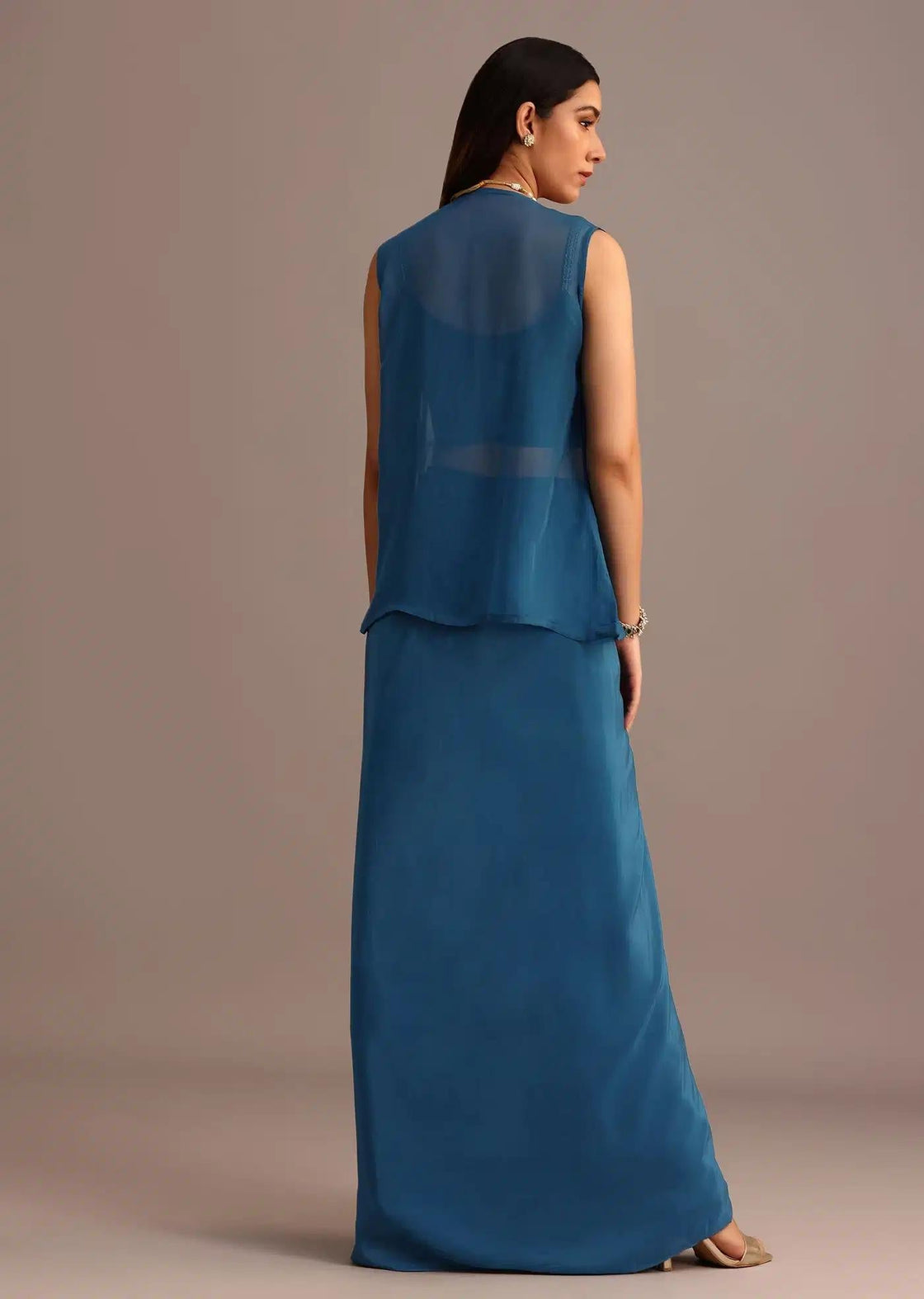 Embroidered Croptop With Drape Skirt And Sheer Jacket In Blue