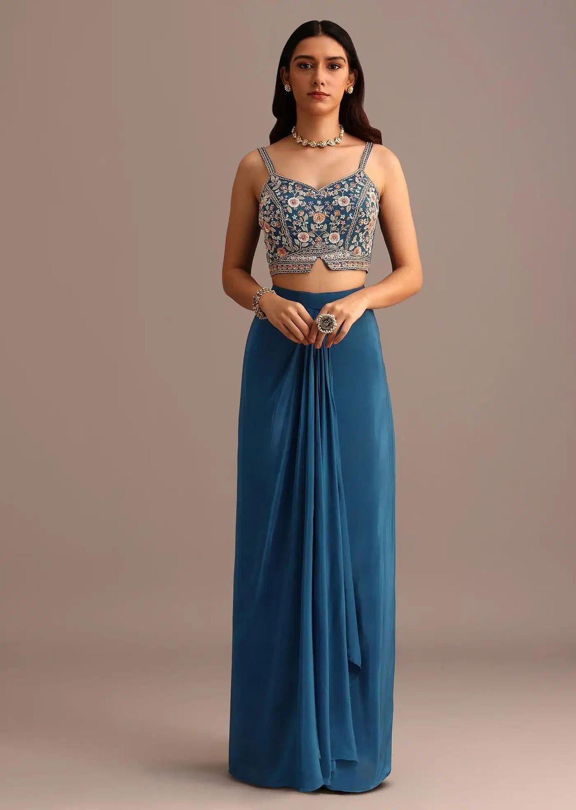 Embroidered Croptop With Drape Skirt And Sheer Jacket In Blue
