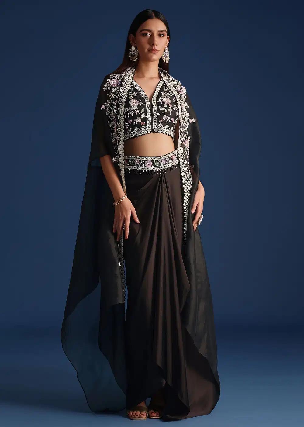 Embroidered Organza Jacket With Draped Skirt In Black