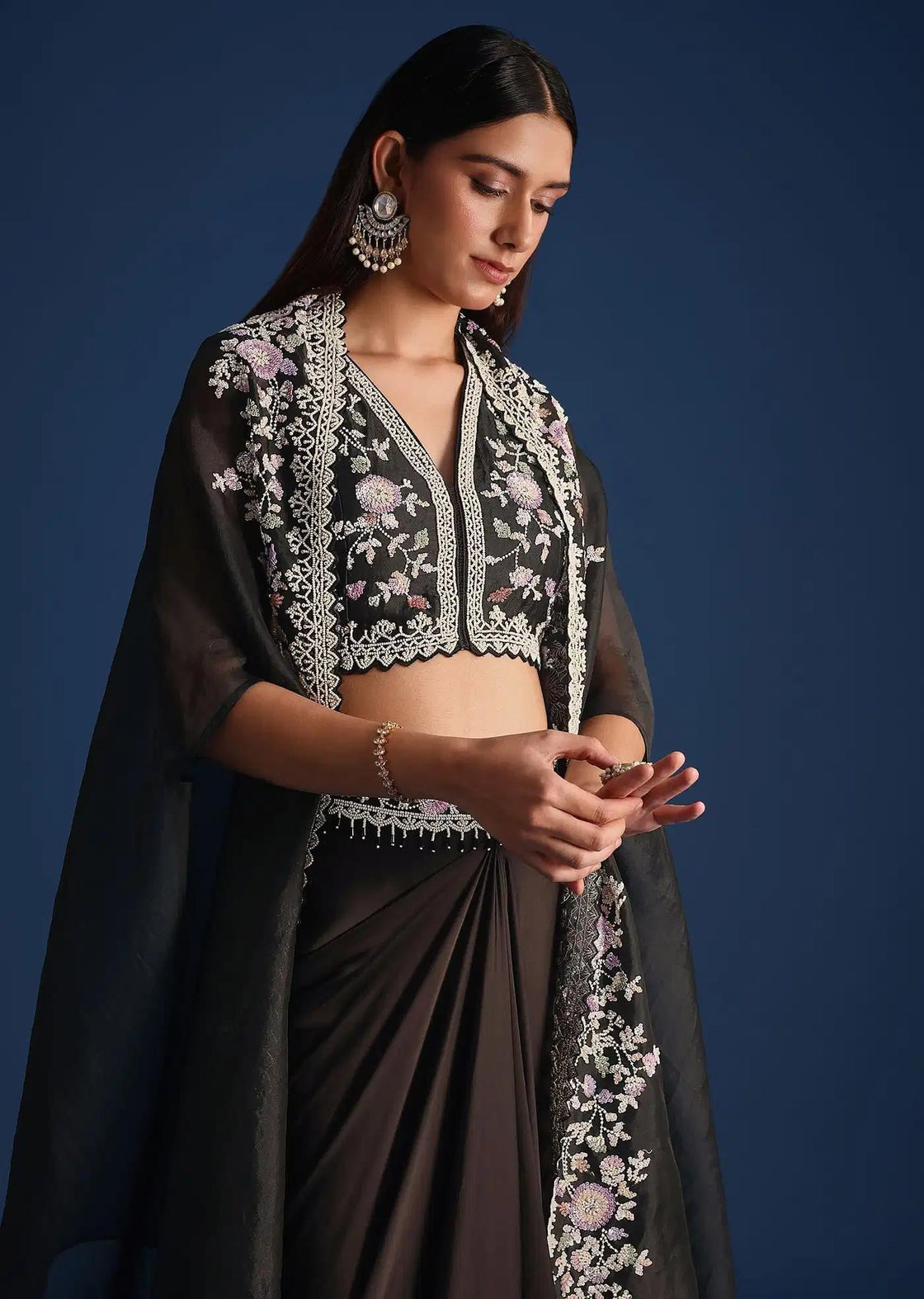 Embroidered Organza Jacket With Draped Skirt In Black