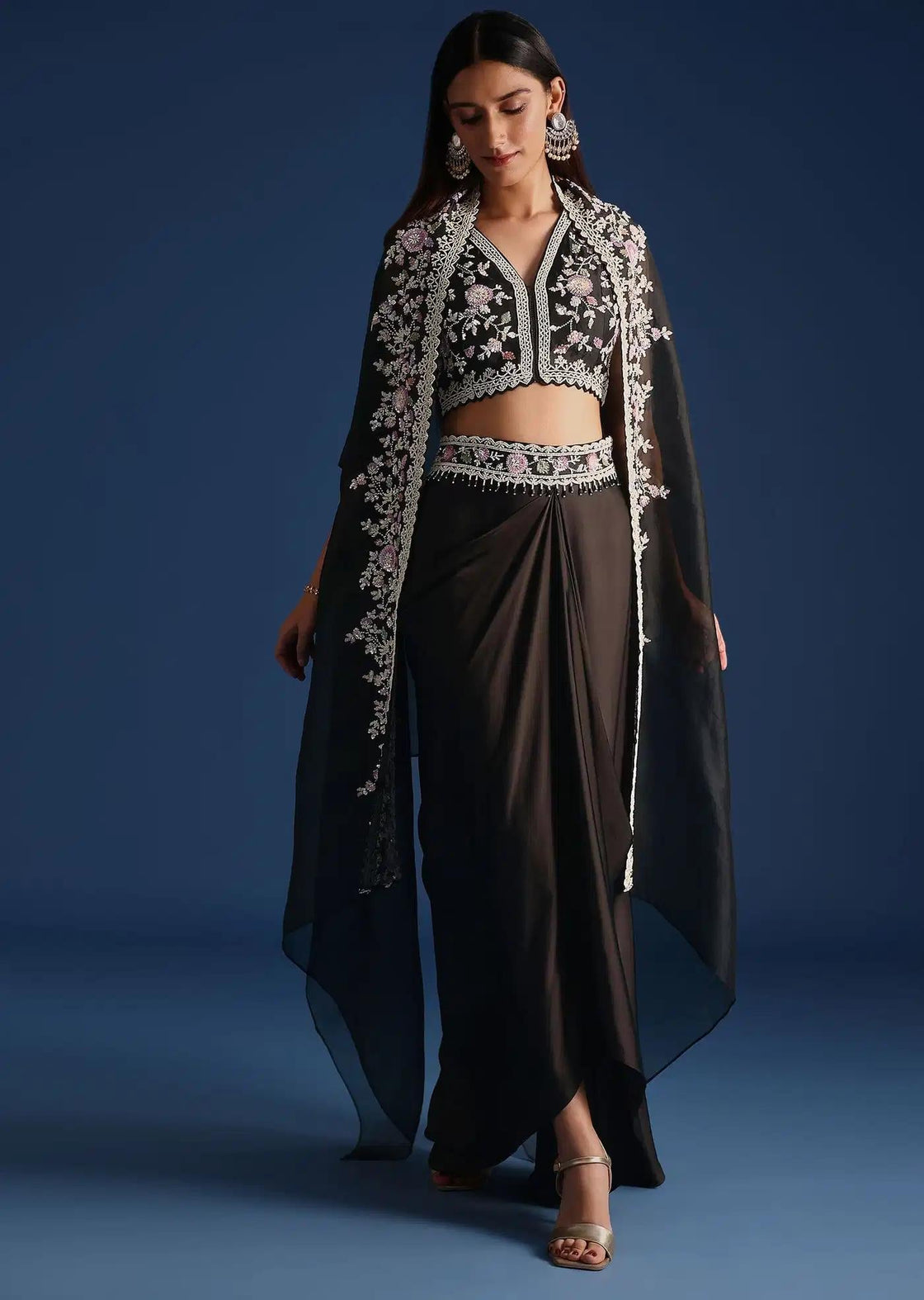 Embroidered Organza Jacket With Draped Skirt In Black
