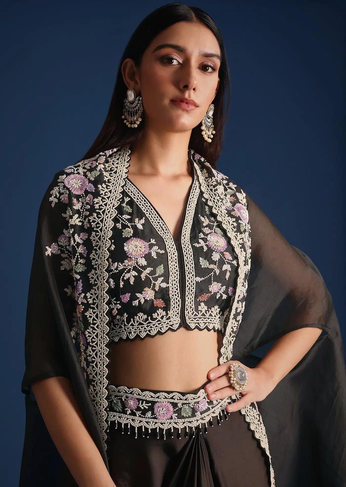 Embroidered Organza Jacket With Draped Skirt In Black