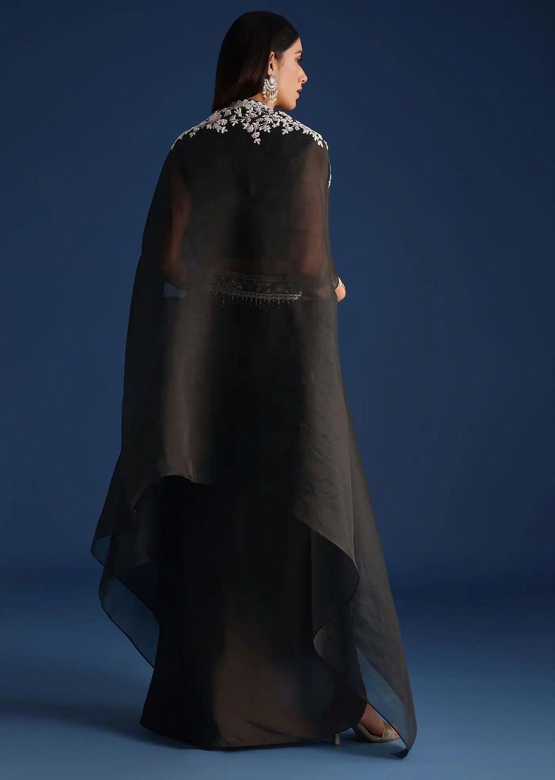 Embroidered Organza Jacket With Draped Skirt In Black