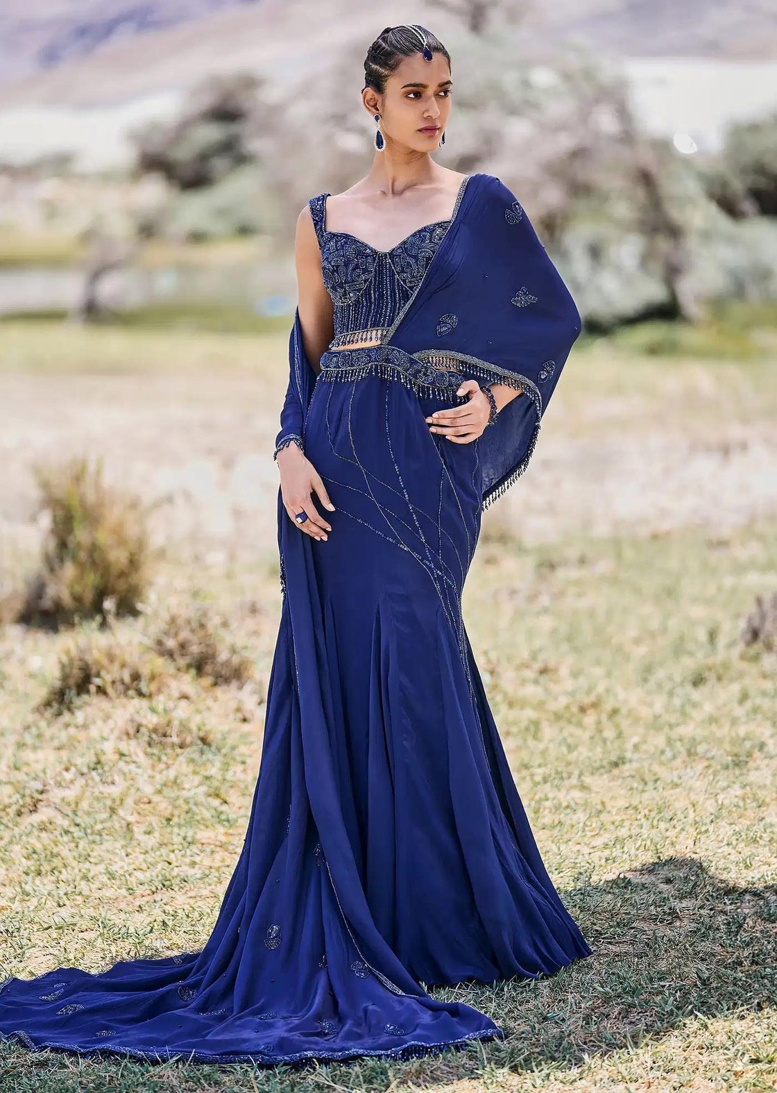 Fishcut Asymmetric Crepe Skirt In Blue With Embroidered Blouse
