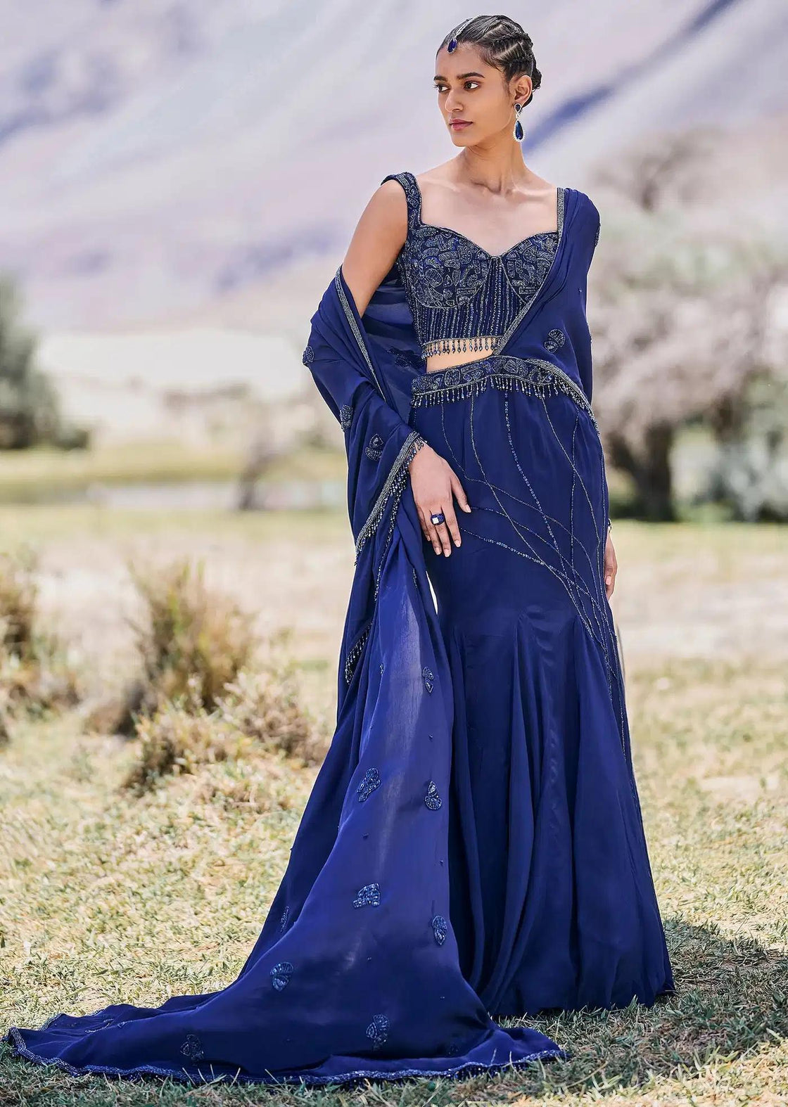 Fishcut Asymmetric Crepe Skirt In Blue With Embroidered Blouse