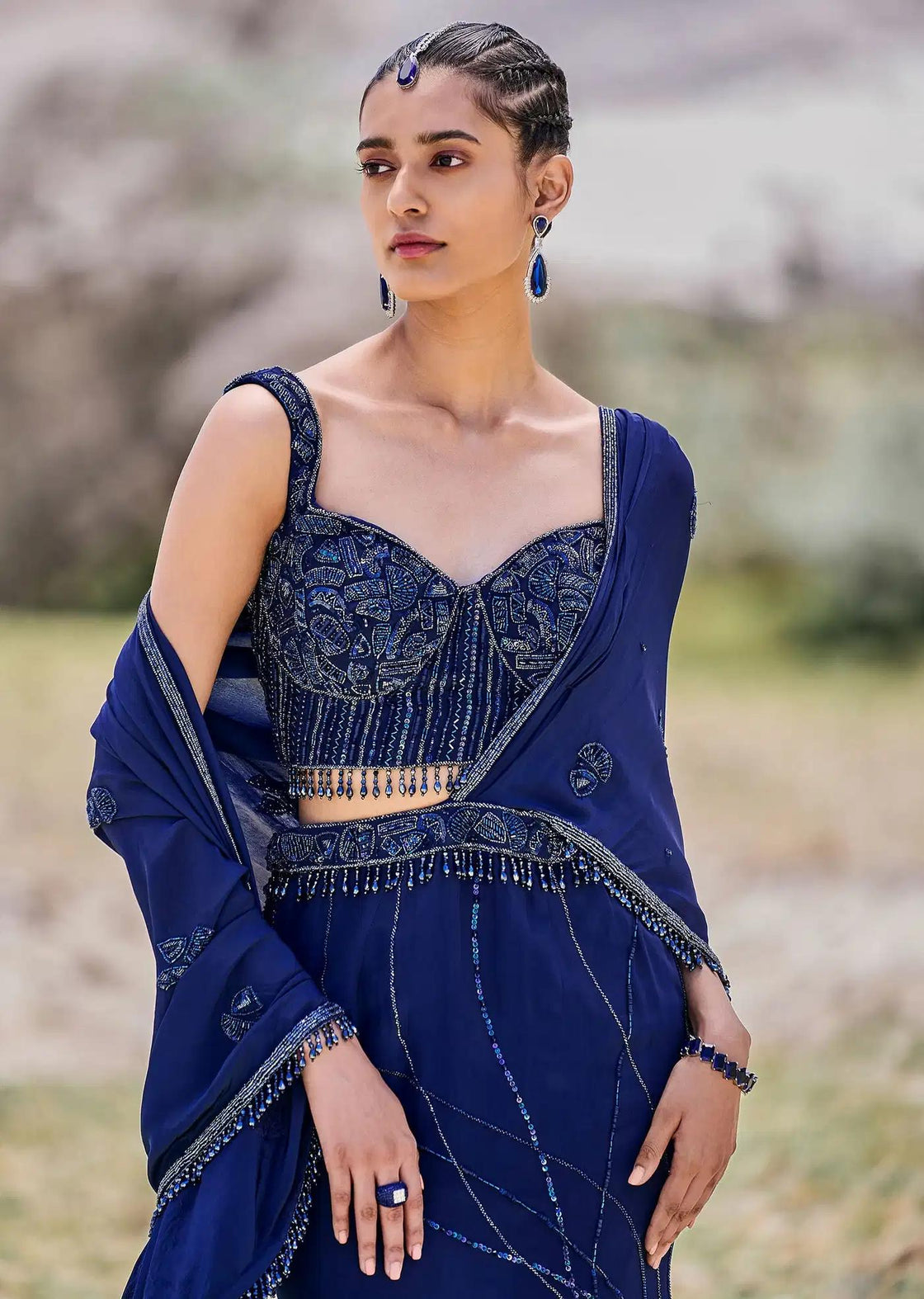 Fishcut Asymmetric Crepe Skirt In Blue With Embroidered Blouse