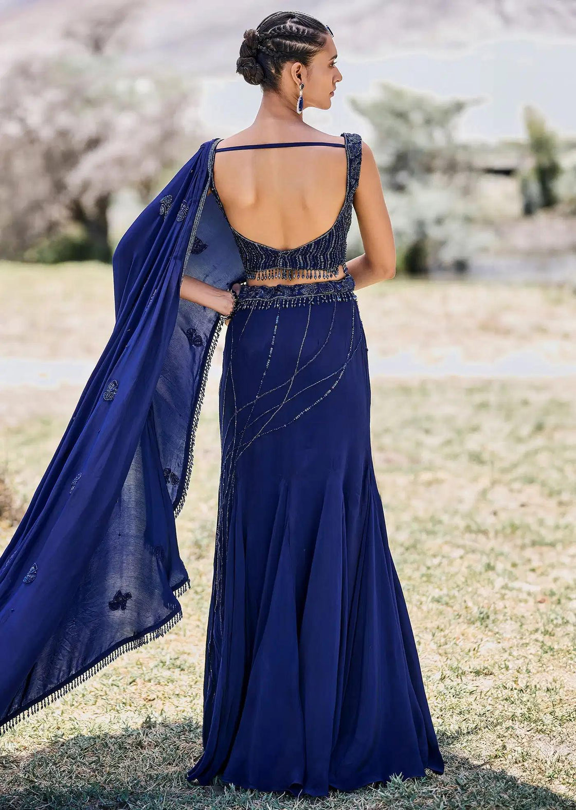 Fishcut Asymmetric Crepe Skirt In Blue With Embroidered Blouse