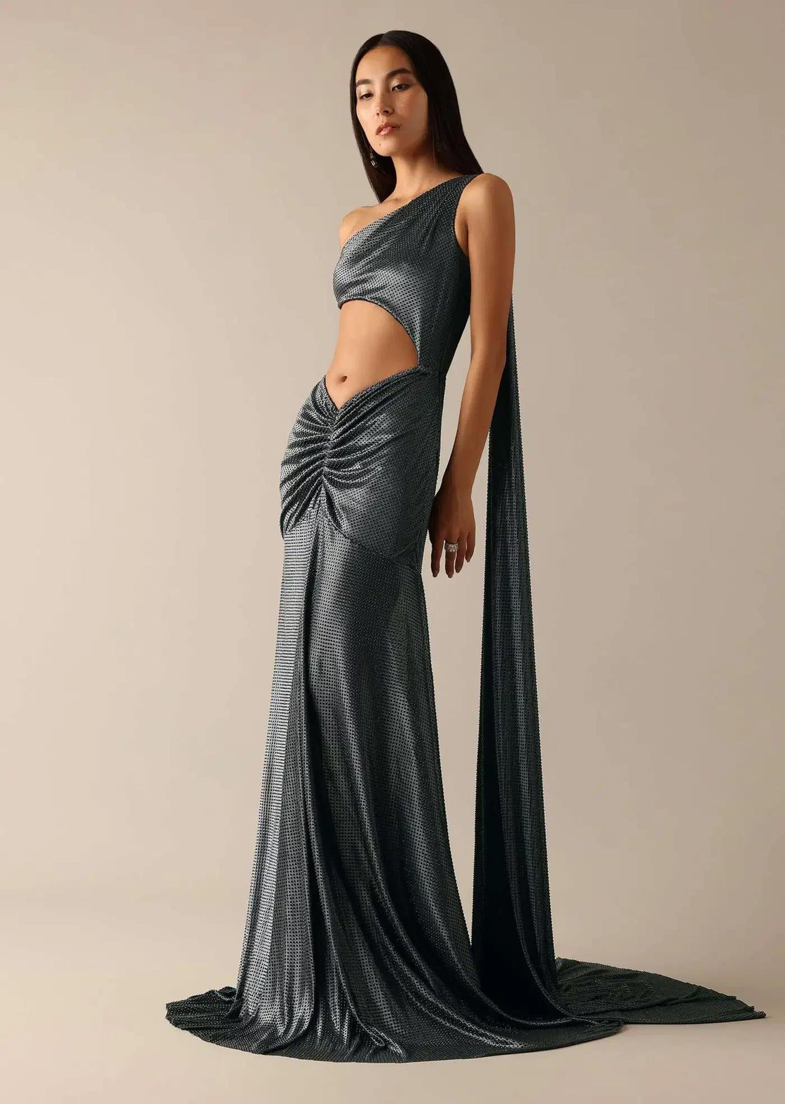 Fishcut Gown In Black With One Shoulder Drape Design